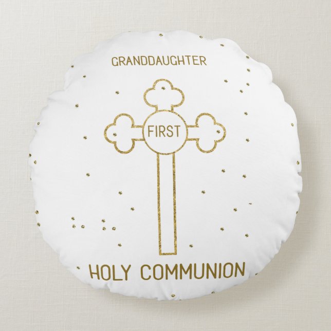 Granddaughter First Holy Communion Gold Look Cross Round Pillow (Front)