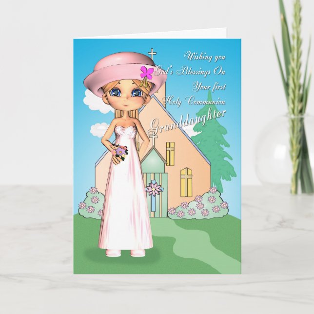 Granddaughter first holy communion little girl and card (Front)