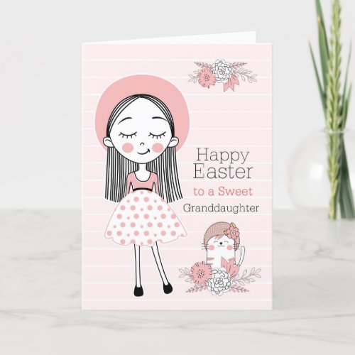 Granddaughter Girl and Cat Pink and Black Easter Holiday Card