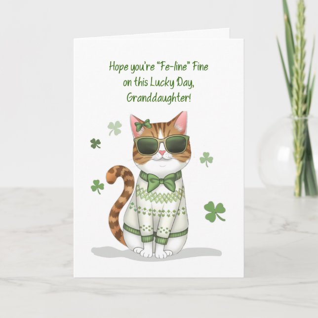 Granddaughter Girl Cat Sunglasses St Patricks Day Card (Front)