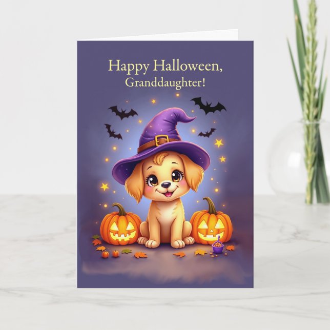 Granddaughter Halloween Cute Puppy in Witch Hat Card (Front)