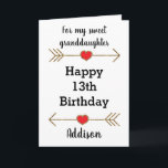 Granddaughter Happy 13th Birthday Card<br><div class="desc">A personalized granddaughter Happy 13th birthday card, which you can easily personalize with her name. Features glittery arrows with hearts. Inside this 13th birthday granddaughter card, it says "Wishing you love, happiness and laughter today and every day!!" You can easily personalize your birthday message inside the card as well if...</div>