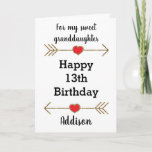 Granddaughter Happy 13th Birthday Card<br><div class="desc">A personalized granddaughter Happy 13th birthday card, which you can easily personalize with her name. Features glittery arrows with hearts. Inside this 13th birthday granddaughter card, it says "Wishing you love, happiness and laughter today and every day!!" You can easily personalize your birthday message inside the card as well if...</div>