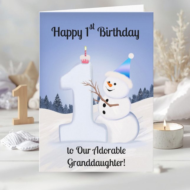Granddaughter Happy 1st Birthday Snowman Building Card (Creator Uploaded)