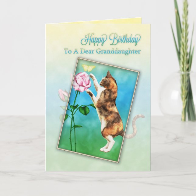 Granddaughter, Happy Birthday with a playful cat Card (Front)