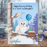 Granddaughter Happy January Birthday Snowy Owl Card<br><div class="desc">This charming January birthday card showcases a beautiful Snowy Owl holding a snowflake balloon while sitting beside a rich chocolate birthday cake. In the background, a small Barn Owl watches from a snowy winter scene, adding a touch of nature and seasonal magic. Perfect for anyone with a January birthday who...</div>