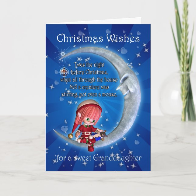 Granddaughter, night before Christmas with elf an Holiday Card (Front)