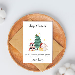 Granddaughter Penguin Rabbit Christmas Holiday Card