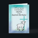 Granddaughter Personalize Name Baptism Birthday La Card<br><div class="desc">Customize this card with your granddaughter's name as you send her special blessings on her Baptism Birthday! A sweet lamb is standing in front of a teal colored cross. Purple and lavender background fades into the teal and green in a watercolor look.</div>
