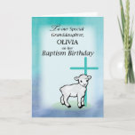 Granddaughter Personalize Name Baptism Birthday La Card<br><div class="desc">Customize this card with your granddaughter's name as you send her special blessings on her Baptism Birthday! A sweet lamb is standing in front of a teal colored cross. Purple and lavender background fades into the teal and green in a watercolor look.</div>