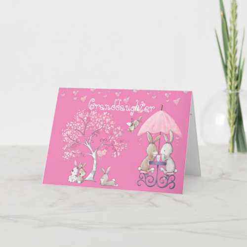 Granddaughter Pink Bunny Cute Watercolor Valentine Holiday Card