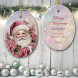 Granddaughter Pink Christmas Rose Bouquet Santa Ceramic Ornament<br><div class="desc">Here's a pretty Christmas ornament for that special granddaughter, daughter, or niece! A classic image of Santa Claus is dressed in pink, and peeking out of a bouquet of pink roses. The image is placed on a pink and lavender bokeh background. The back of the ornament has the same bokeh...</div>