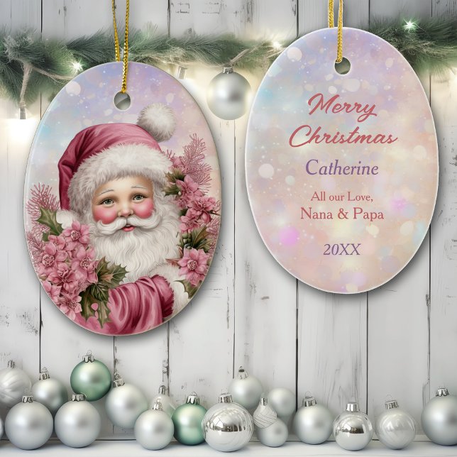 Granddaughter Pink Christmas Rose Bouquet Santa Ceramic Ornament (Creator Uploaded)