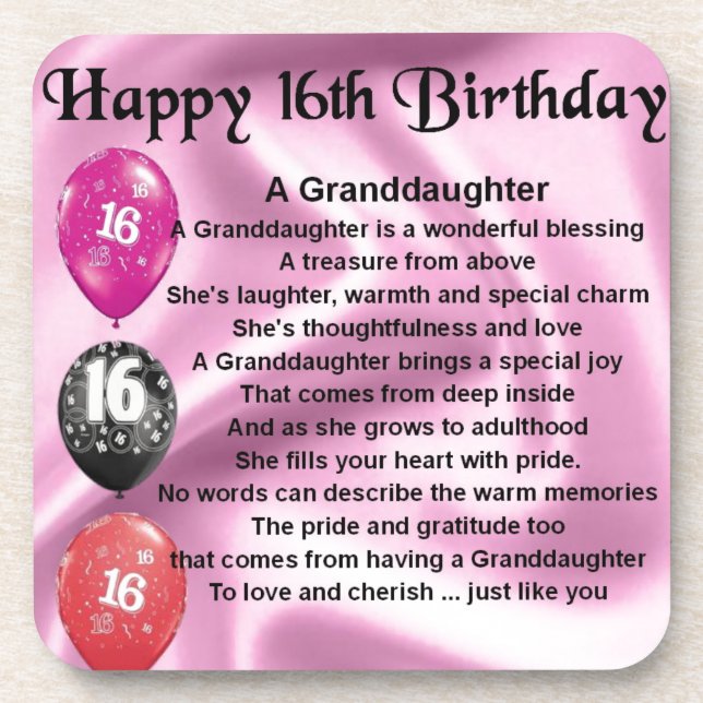 Granddaughter Poem 16th Birthday Drink Coaster (Front)