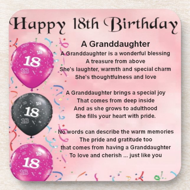 Granddaughter Poem - 18th Birthday Drink Coaster (Front)