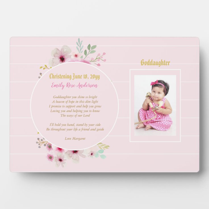 Granddaughter POEM Christening PHOTO Pink Flowers Plaque Zazzle