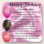 Granddaughter Poem - Happy Birthday Design Drink Coaster<br><div class="desc">A great gift for a special granddaughter on her birthday</div>