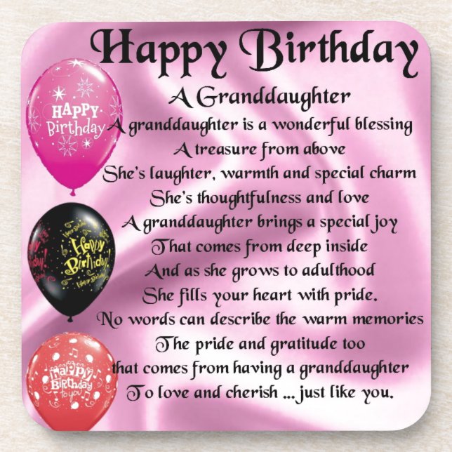 Granddaughter Poem - Happy Birthday Design Drink Coaster (Front)
