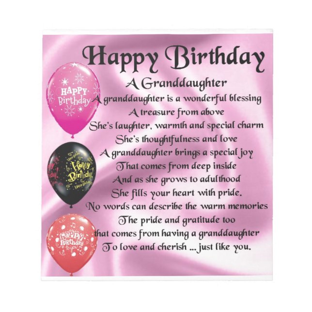 Granddaughter Poem - Happy Birthday Design Notepad (Front)
