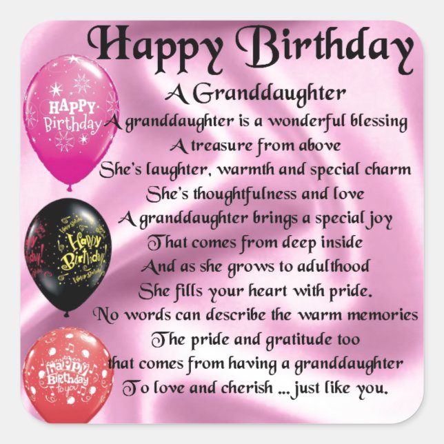 Granddaughter Poem - Happy Birthday Design Square Sticker (Front)