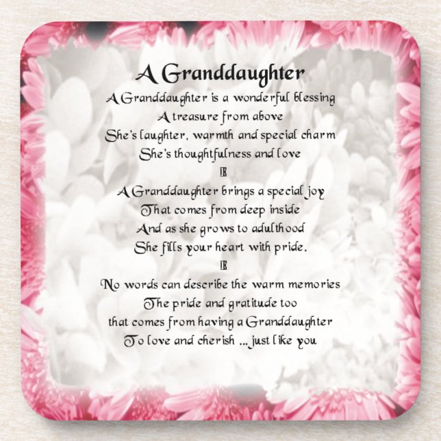 Granddaughter Poem - Pink Floral Design Drink Coaster (Front)