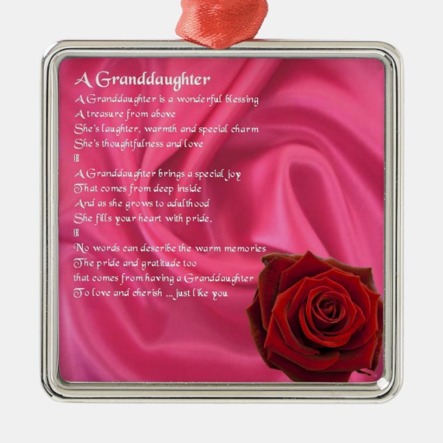 Granddaughter Poem - pink silk & rose Metal Ornament (Front)