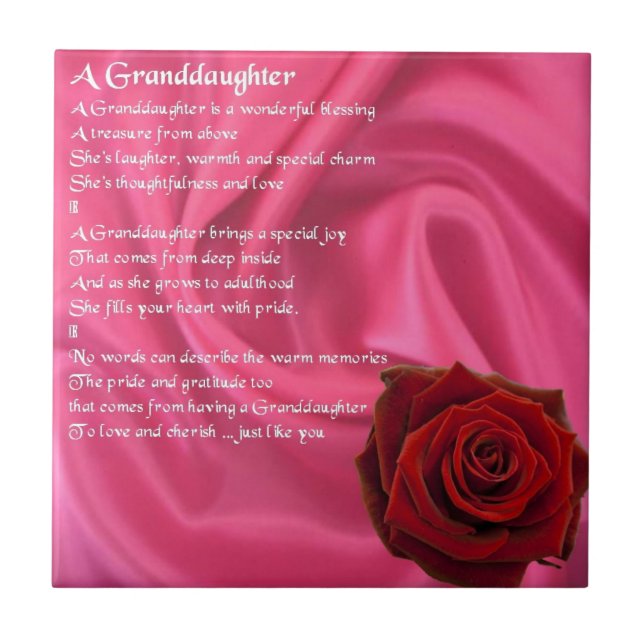 Granddaughter Poem - pink silk & rose Tile (Front)