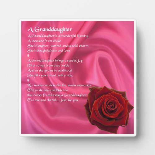 Granddaughter Poem Plaque _ Pink Silk  Rose