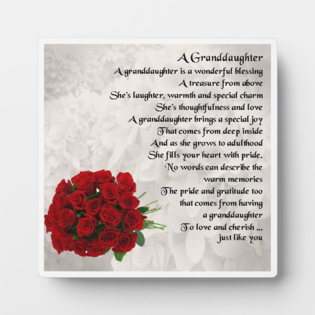 Granddaughter Poem Plaque  -  Red  Roses Design (Front)