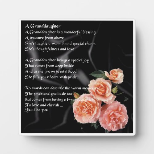Granddaughter Poem Plaque _ Roses on Black Silk