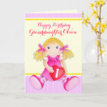 Granddaughter rag doll first birthday card<br><div class="desc">Whimsical girls ragdoll painted birthday greetings card,  ideal for a little girl's birthday. Cute pink,  red,  purple,  yellow and white colors. Personalize with your own granddaughter's name and age. Original watercolor painting and design by Sarah Trett for www.mylittleeden.com on Zazzle.</div>