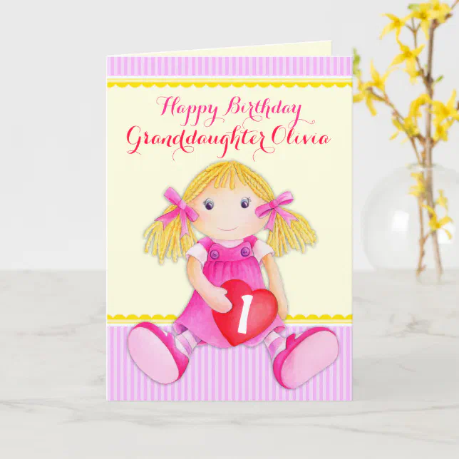 Granddaughter rag doll first birthday card | Zazzle