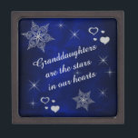Granddaughter Star Heart Keepsake Box<br><div class="desc">This is a wonderful jewelry or gift box for a grandparent to give to a granddaughter. It features silver snowflake, heart and star images against a deep blue gradient background. Very elegant and pretty! In the center is your customized text in white. Currently, the text says "Granddaughters are the stars...</div>