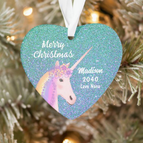 Granddaughter Teal Blue Glitter Unicorn Name Heart Ornament