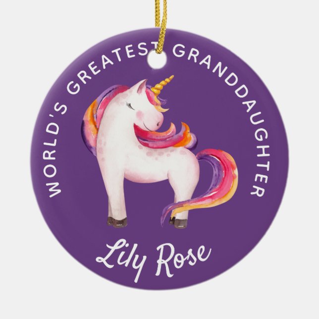 Granddaughter Unicorn Girly Personalized Ceramic Ornament (Front)