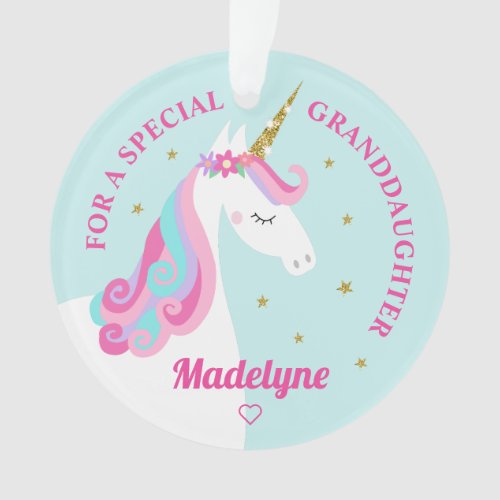 Granddaughter Unicorn Gold Glitter Stars Aqua Ornament