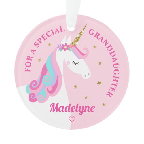 Granddaughter Unicorn Gold Glitter Stars Pink Ornament