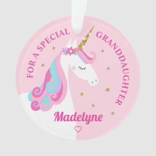 Granddaughter Unicorn Gold Glitter Stars Pink Ornament