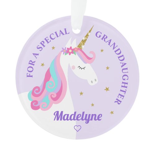 Granddaughter Unicorn Gold Glitter Stars Purple Ornament