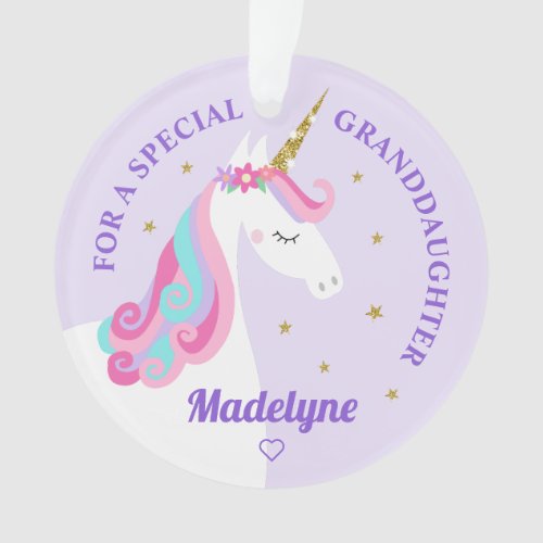 Granddaughter Unicorn Gold Glitter Stars Purple Ornament