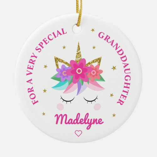 Granddaughter Unicorn Pink Flowers Personalized Ceramic Ornament