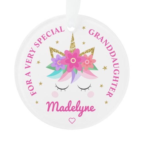 Granddaughter Unicorn Pink Flowers Personalized Ornament
