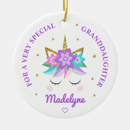 Granddaughter Unicorn Purple Flowers Personalized Ceramic Ornament