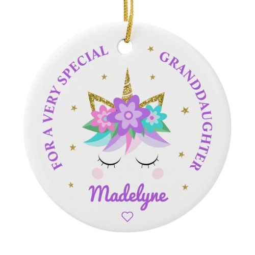 Granddaughter Unicorn Purple Flowers Personalized Ceramic Ornament