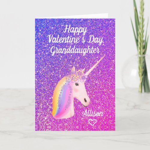 Granddaughter Valentines Day Glitter Unicorn Name Holiday Card