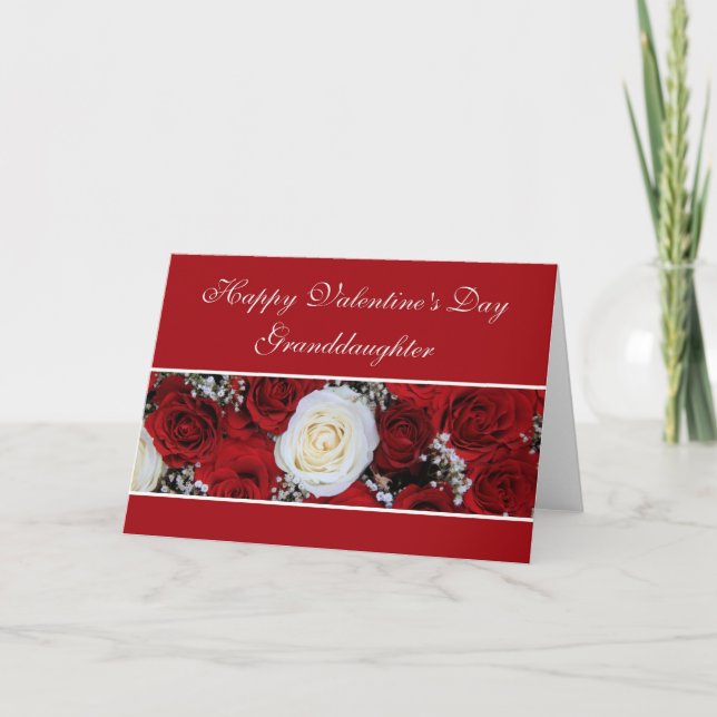 Granddaughter Valentine's Day red and white roses Holiday Card (Front)