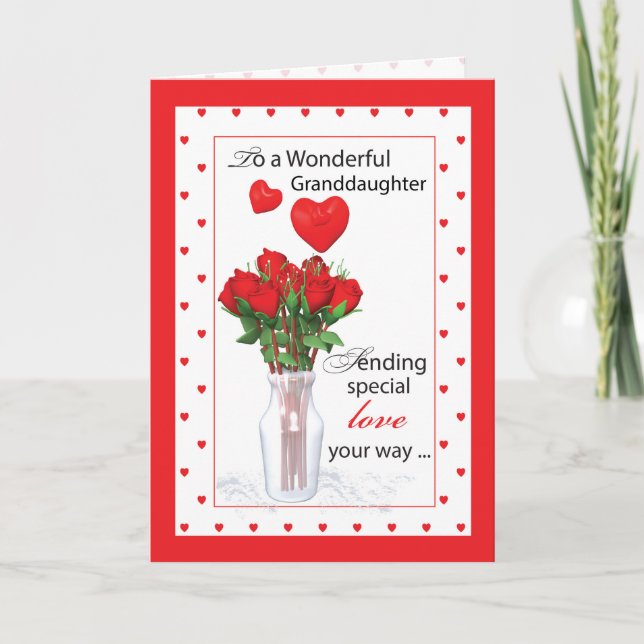 Granddaughter Valentine's Day Red Roses Hearts Holiday Card (Front)