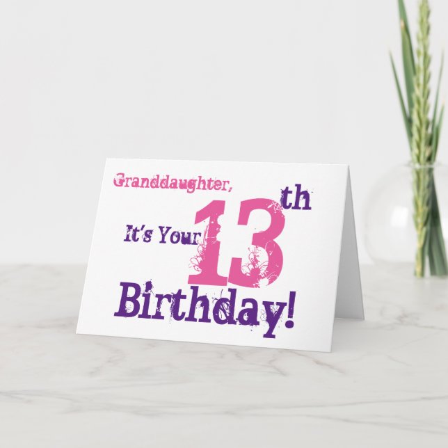 Granddaughter's 13th birthday in purple, pink. card (Front)