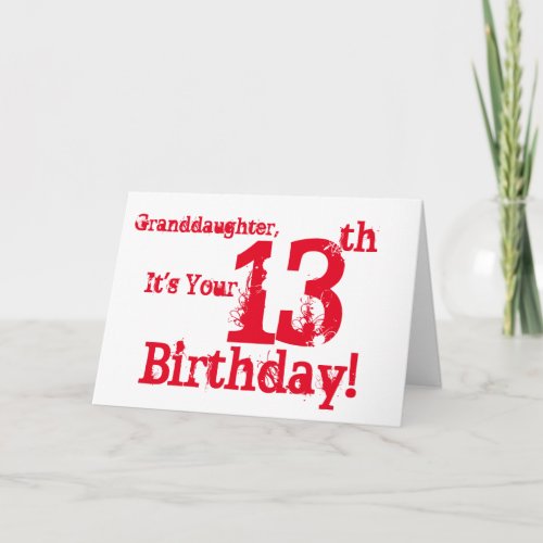 Granddaughters 13th birthday in red and white card