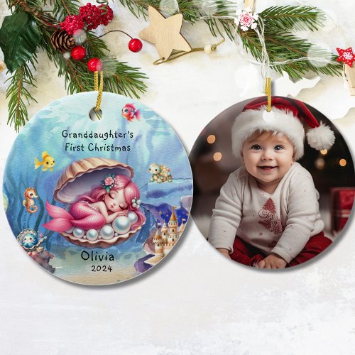 Granddaughter's 1st Cute Mermaid Ocean Ceramic Ornament